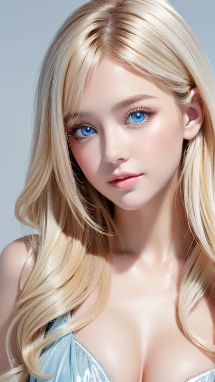  WHITE BACKGROUND ,upper body closeup、 shiny,  firm and shiny skin , bangs between eyes,  beautiful luster, natural platinum blonde hair ,  Super Long Hair 、Super long back hair that stretches all the way to the feet、 eyeliner,  very beautiful and pure  gi...