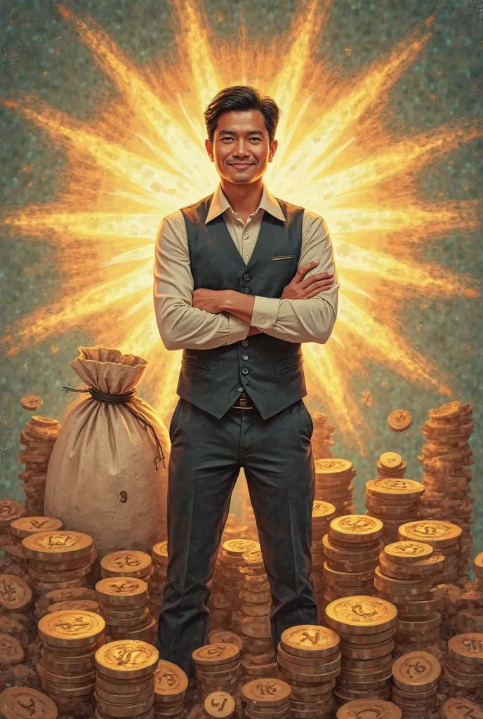 A successful Asian man wearing a stand-up vest with his arms crossed , surrounded by stacks of round coins , fabric money bag , There are 67 numbers. , 76 , 68 , 86 , 78 , 87 ,  many rays shine behind the back