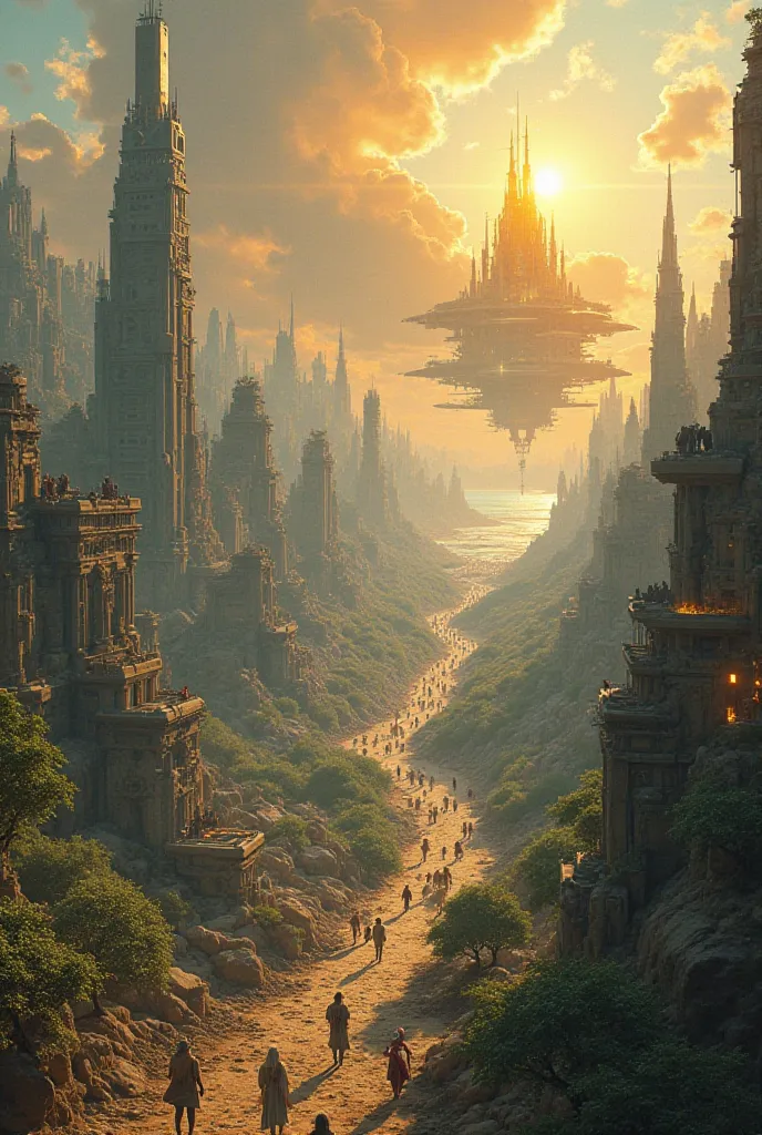 A breathtaking cityscape where futuristic skyscrapers blend with ancient structures. Elders walk among humans, their glowing hands healing the sick. Trees and plants rapidly grow in once-barren lands. People watch in awe as war machines lie abandoned and u...