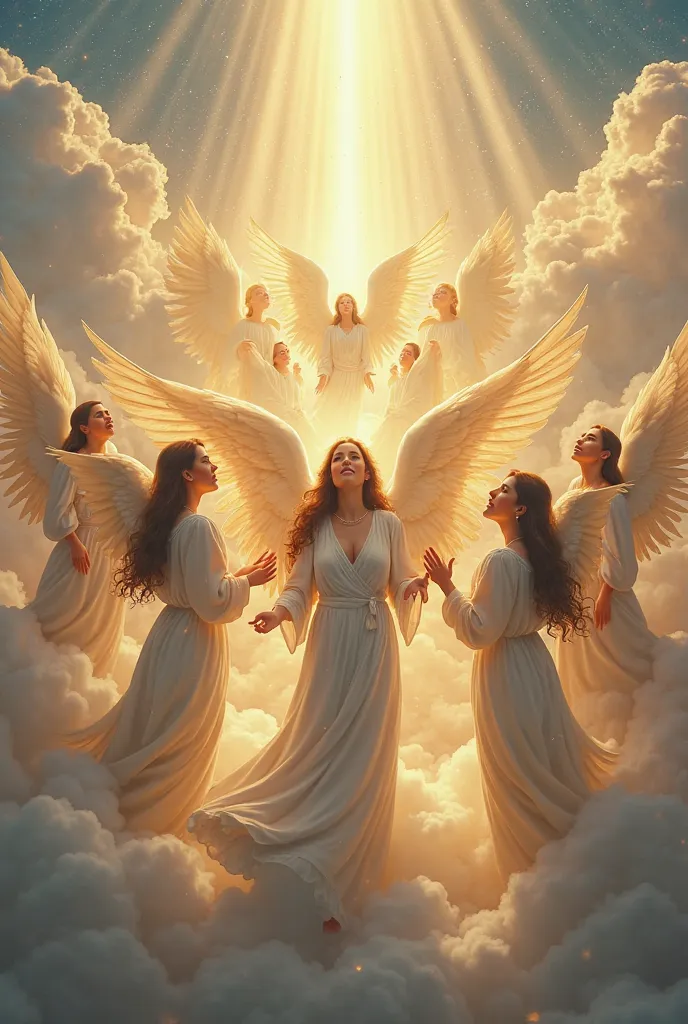   
"A stunning heavenly scene with a group of angels ethereal singing harmoniously in the sky. Angels have majestic, glowing wings, with gold and white feathers that reflect the divine light around them. They wear flowing silk tunics in soft shades of blue...