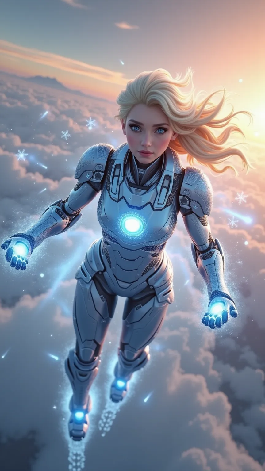 Here is a prompt for generating an image of a flying Elsa-Iron Man hybrid:

Prompt:
"A highly detailed, realistic 3D-style digital artwork of a hybrid character combining Elsa from Frozen and Iron Man, soaring through the sky. The character has Elsa’s eleg...