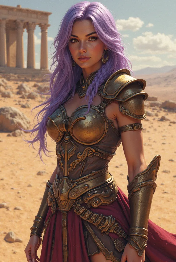 Une belle legionnaire au cheveux long violet aux yeux marron dans le dessert avec un temple romain derrière elle