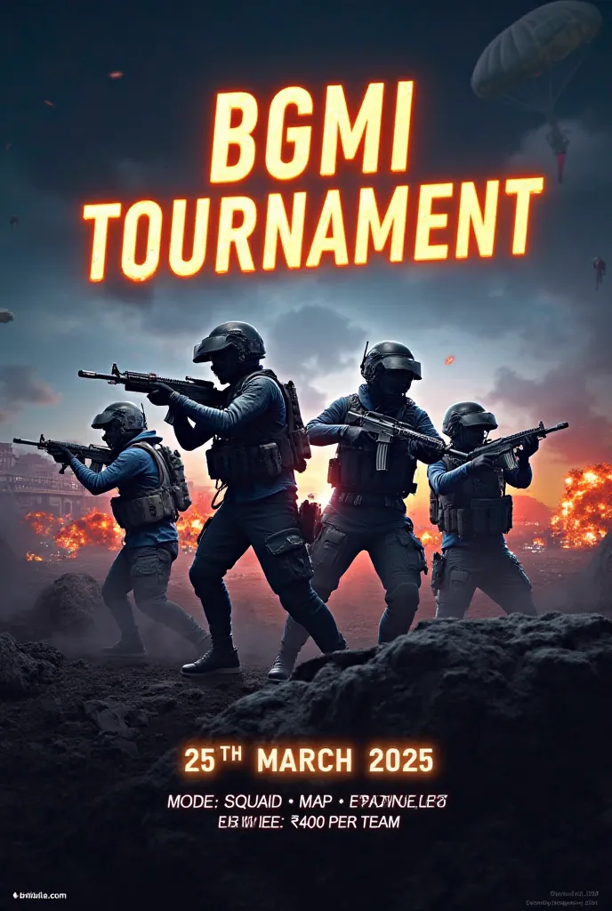 
"A high-energy poster for a BGMI (Battlegrounds Mobile India) tournament. The scene features four soldiers in futuristic battle gear, holding rifles and taking cover behind obstacles, set in an intense battleground inspired by the Erangel map. Explosions,...