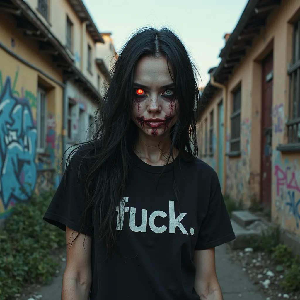 Hyper-maximalism, photo-realism and ultra-detailed dynamics in the illusion of a wide-angle close-up of a young neighborhood woman, gheto theme with nebulous eyes, demonic smile, long hair with emo highlights. She poses confidently in a getho housing estat...