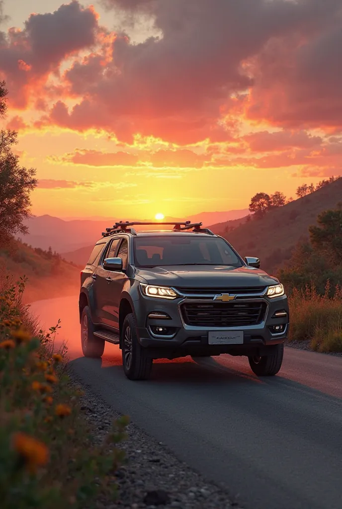 A view of the Chevrolet 21 Trail Blazer driving on a rural road at sunset