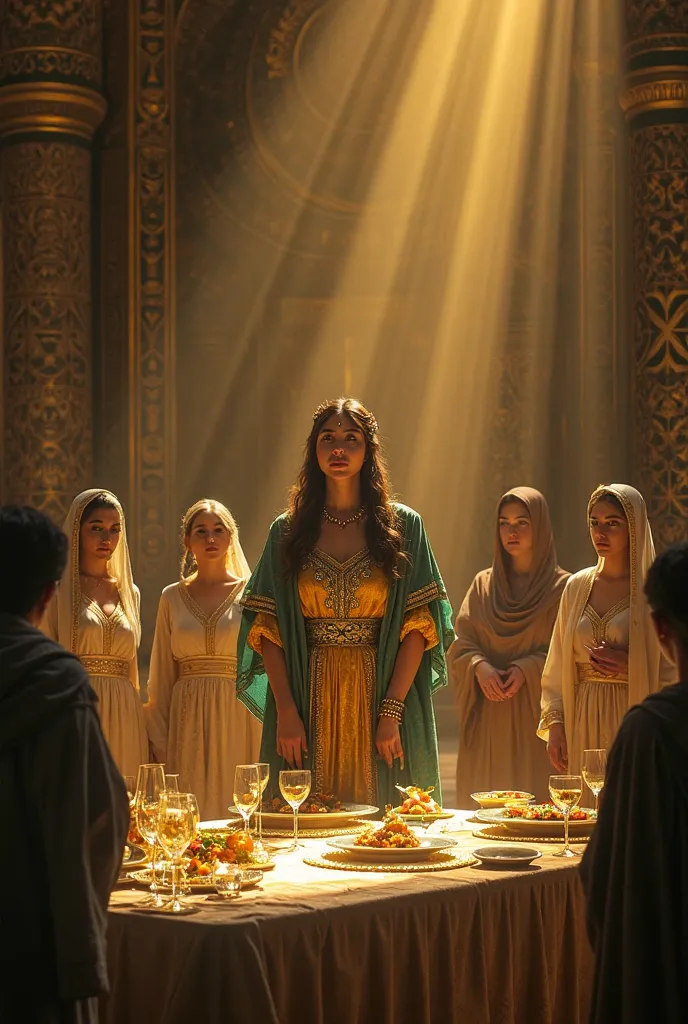 A dark and golden art depicting Esther,  from the Bible, preparing a banquet in the royal palace of the Persian Empire. she is standing, in front of a table adorned with golden plates and glasses, surrounded by servants who prepare the meal with reverence....