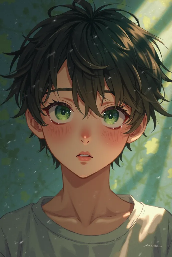 a Doki Doki character with dark brown hair and green eyes boy 