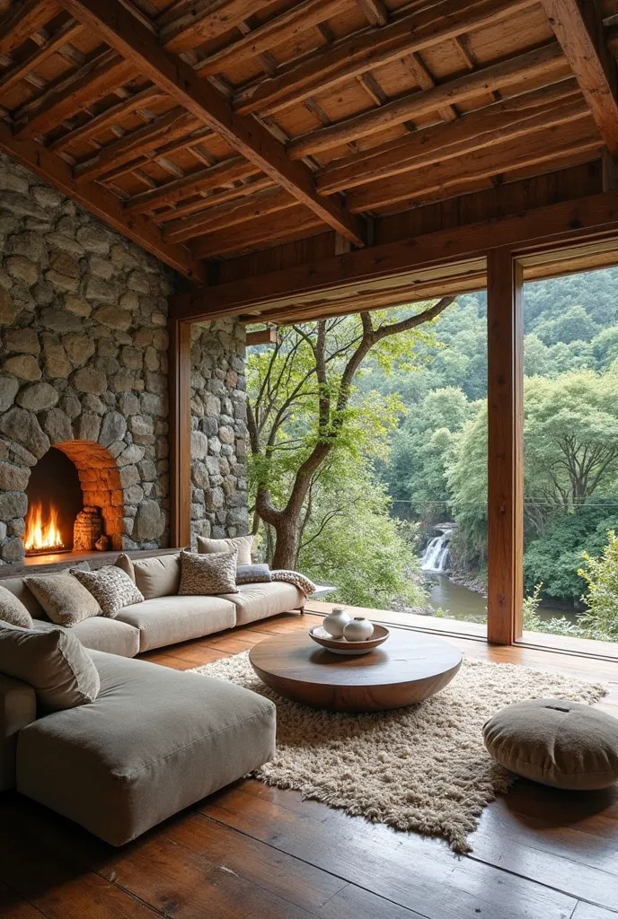 Living room at home with traditional design inspired by the architecture of Buddhist temples, located on the side of a mountain and surrounded by lush nature. The construction uses wood and stone, with slightly curved ceilings and large windows What They a...