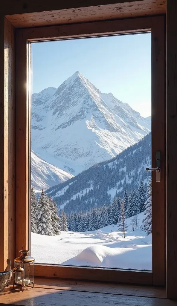 masterpiece, Super Detail, ultra high definition, 8k, Super Detail, best quality、A snowy mountain seen from a large window in a quiet mountain hut — a relaxing space to view the snowy mountains outside from a warm mountain hut window。