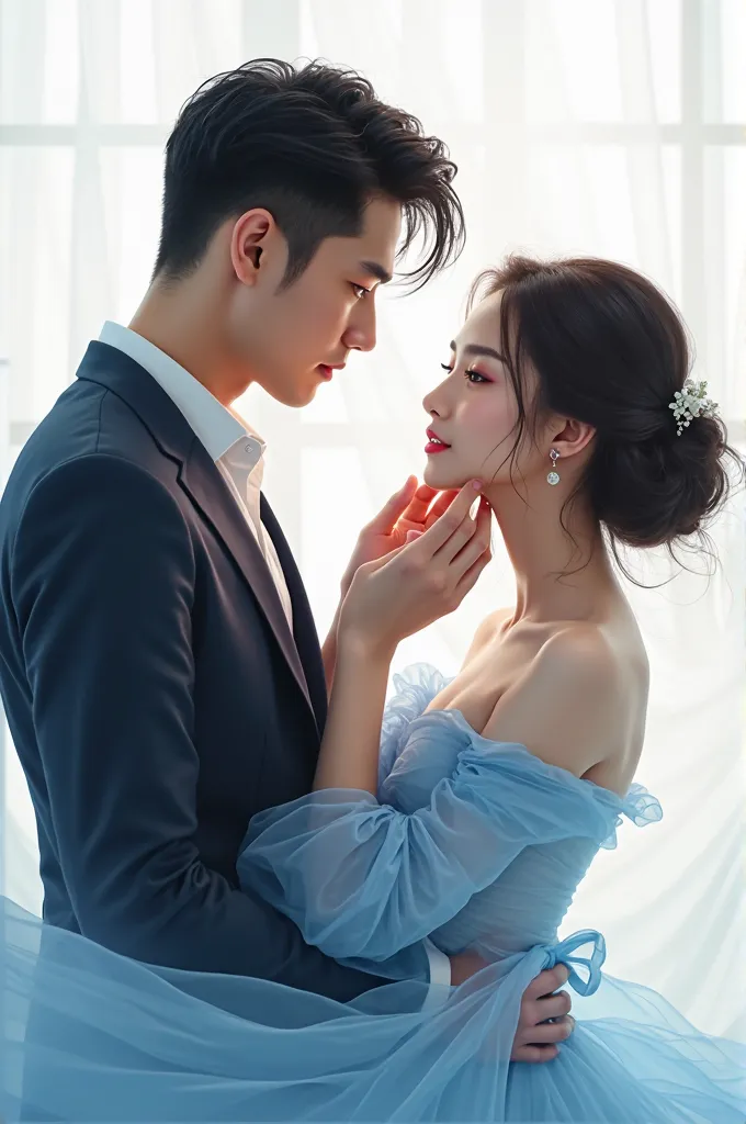 A handsome Korean CEO with a strong face, one of his hands touching the chin of a beautiful Korean woman wearing a sky-blue dress around white background artwork 