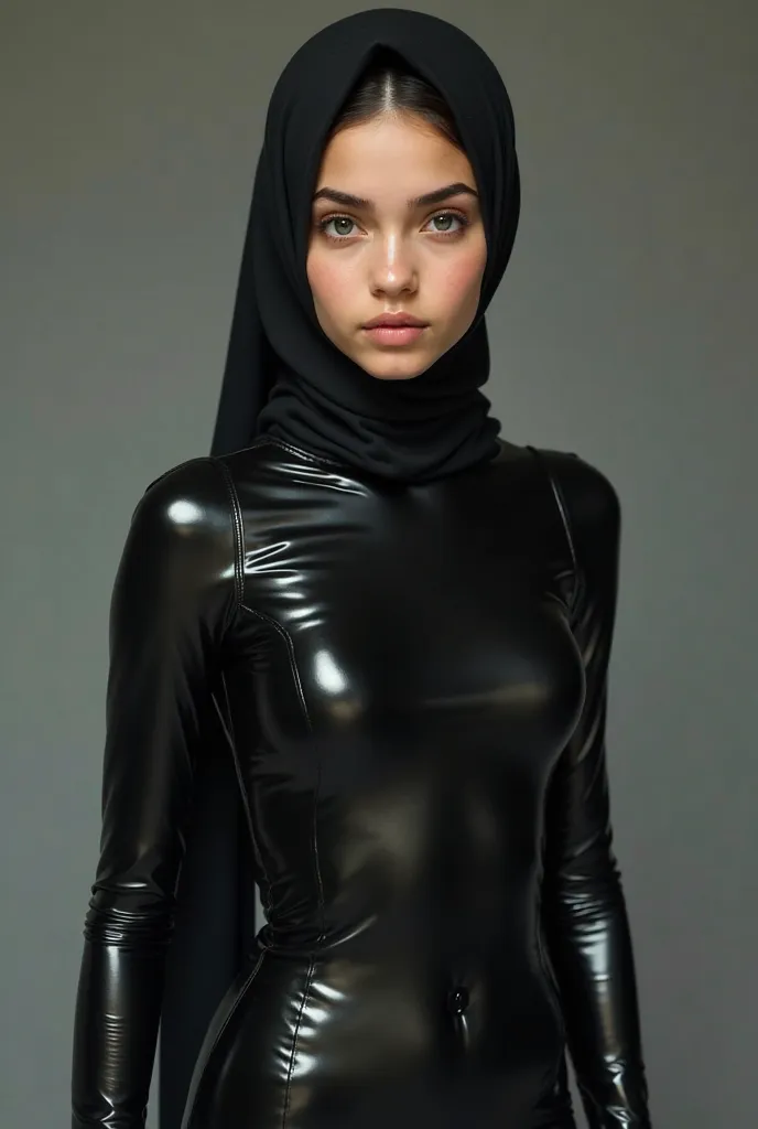 A girl wearing hijab . Innocent face. Long leg. Wearing full body black latex suit. High quality. High resolution