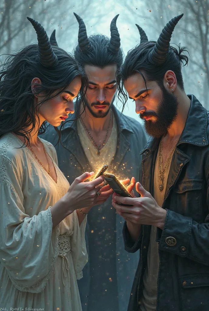 White woman with black hair and horn with cell phone, White man with horns short black hair and beard with cell phone, white man with horns and beard short hair roeto fiery eyes with cell phone.