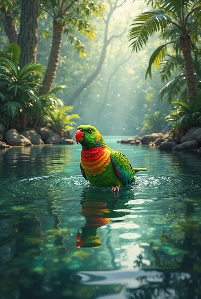  avoid truck thinking of a green colour parrot with red ring in his neck swimming in the pond in a Jungle