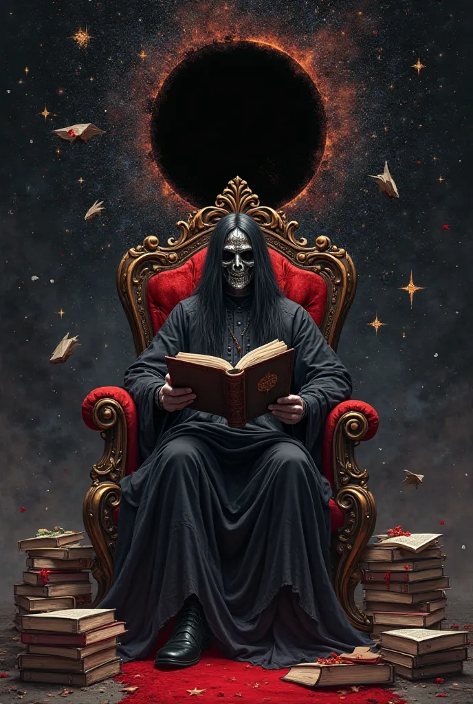 A man with long black hair sitting on a black and red throne , with a mask that covers her face , looking at an open book  , Several books floating around him , behind his throne a black black hole , a background of space covered with stars 