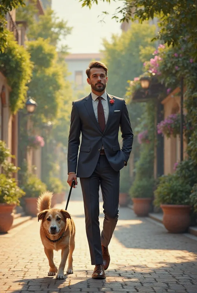 Well-dressed man walking a dog 