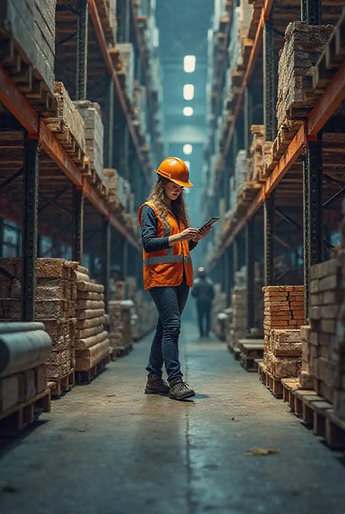 Generate an image where a woman is reviewing construction material products inside a warehouse 