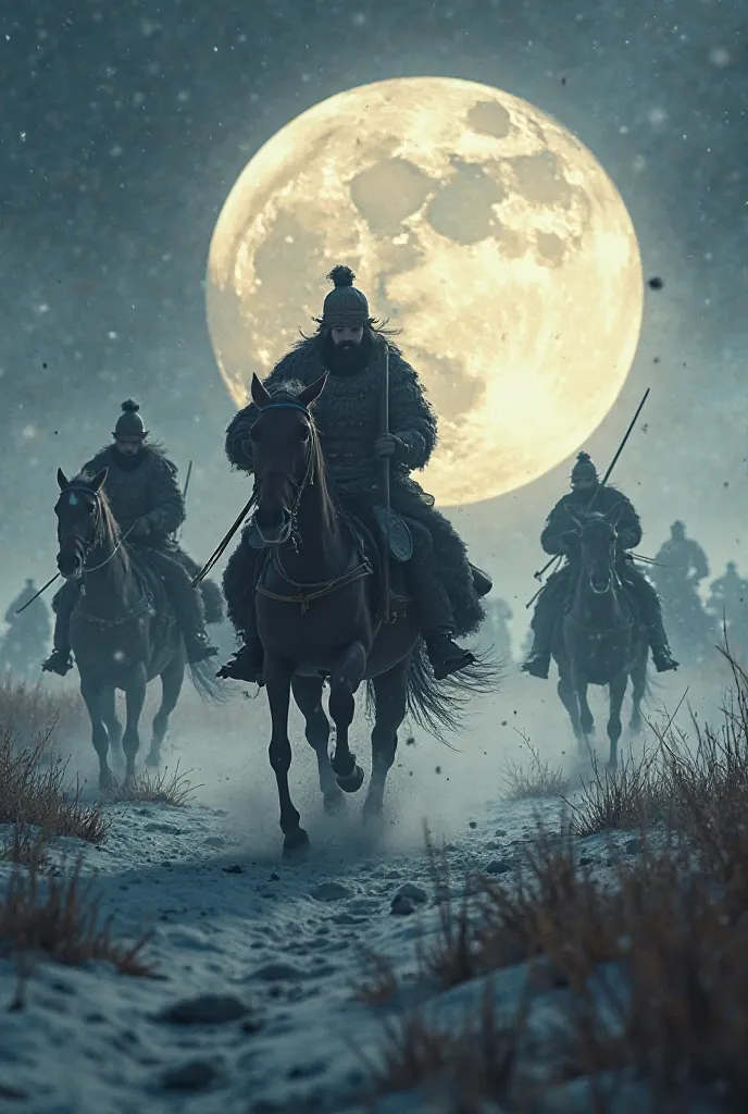 "A dramatic scene of Mongol warriors on horseback charging across a moonlit battlefield, their silhouettes swift and menacing, dust and snow swirling around them, a sense of fear and awe in the air, hyper-detailed, dynamic motion, 8k resolution, dark and i...