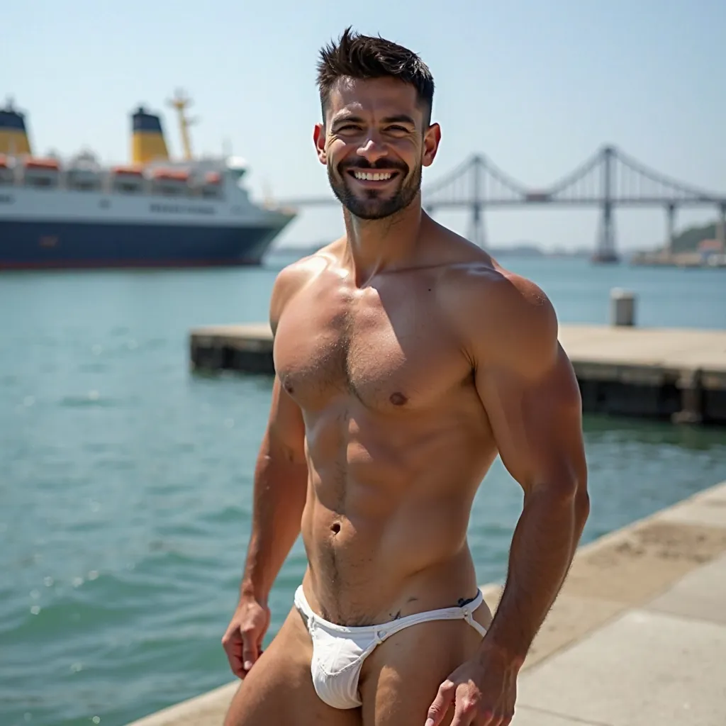 Latin man, naked, Brasileiro, Light,Transparent thong sex, naked,blue eyes , 
bangs on straight and short black hair, thick, shapely shell,athletic and hairy body,
big, upturned ass, In the background a port on the pier and a giant ship ,I'm wearing a thon...