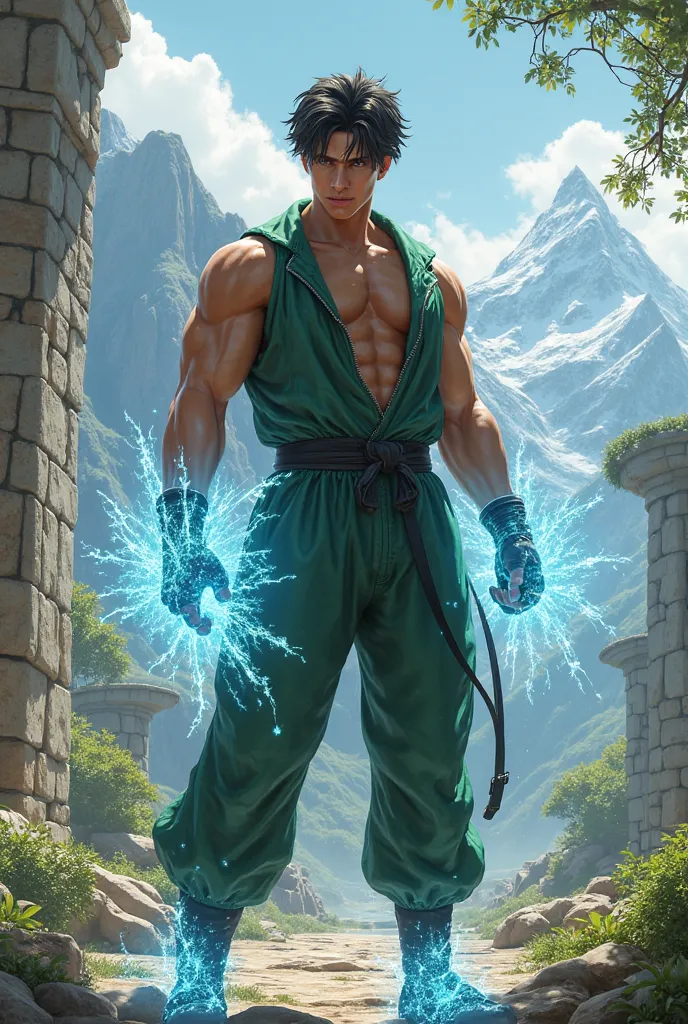  16-year-old male ager ,Full-body fighter wearing light green ice powers as a character from Tekken and Argentinian