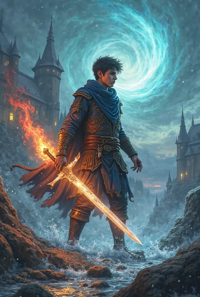 


"Create an epic fantasy book cover. The protagonist is a 17-year-old warrior, with clothes that mix medieval and modern style. He holds a magic sword that shines with a special energy. Around you, the four elements are represented: fire coming out of th...