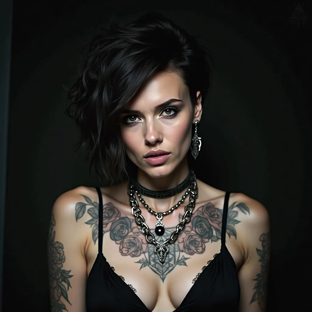 An alternative-style individual with a dark, messy hairstyle, showcasing detailed black ink tattoos of roses and geometric patterns on their upper body, dressed in a black strappy top, wearing a chunky chain necklace and a delicate pendant, with a moody, l...