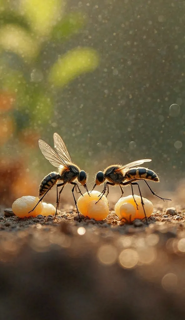 Black-tailed flies taking care of their cocoons