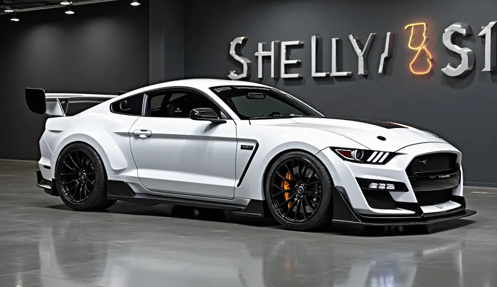 Left side view 2025 ford Shelby GT500 in white fully modified , displayed in showroom, dark gray color wall on background, A huge logo on the background wall looks like real