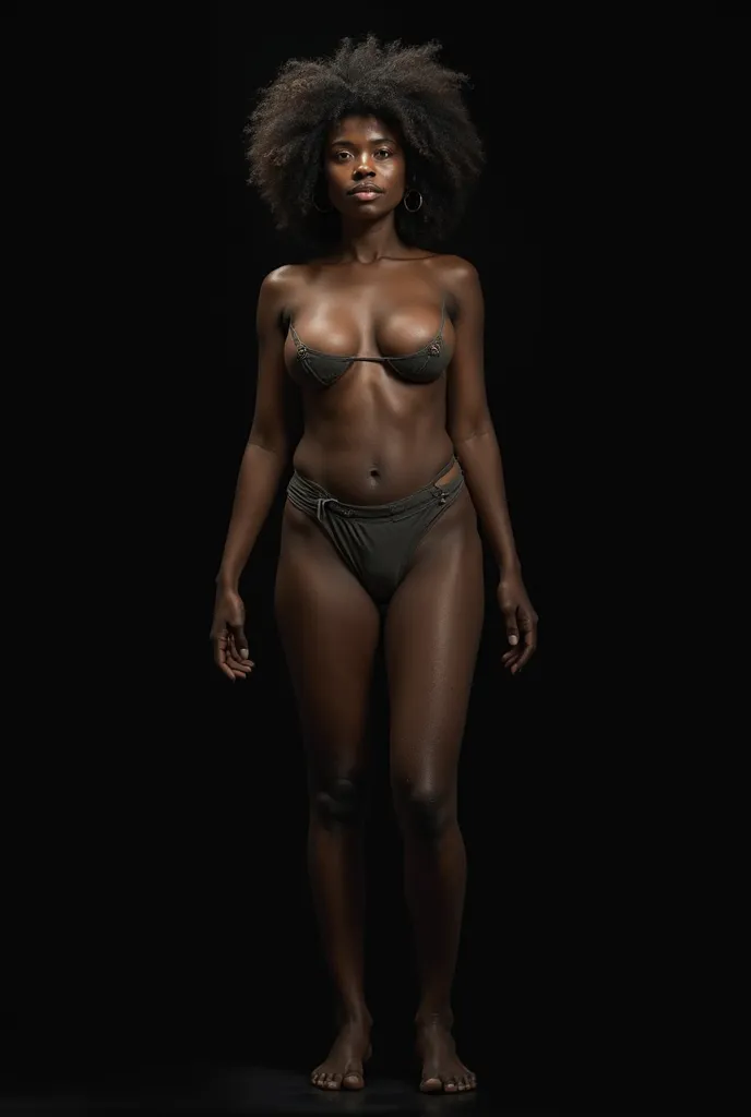 A woman painted in ash. She is African. She is sweaty. She is seen head-to-toe. The background is black. She has natural hair. Her legs and feet are visible too.  She is nude. The light is dramatic. You see her full body, head, chest, feet.  She is middle-...