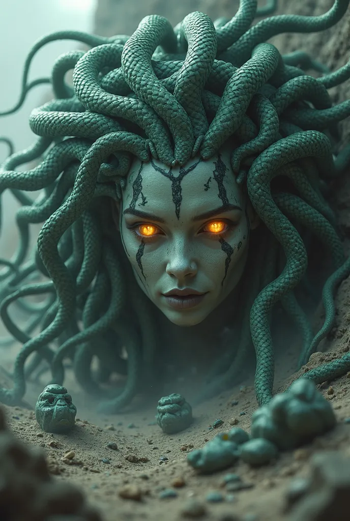 Medusa's stone-turning gaze and snake-eye shaped eyes