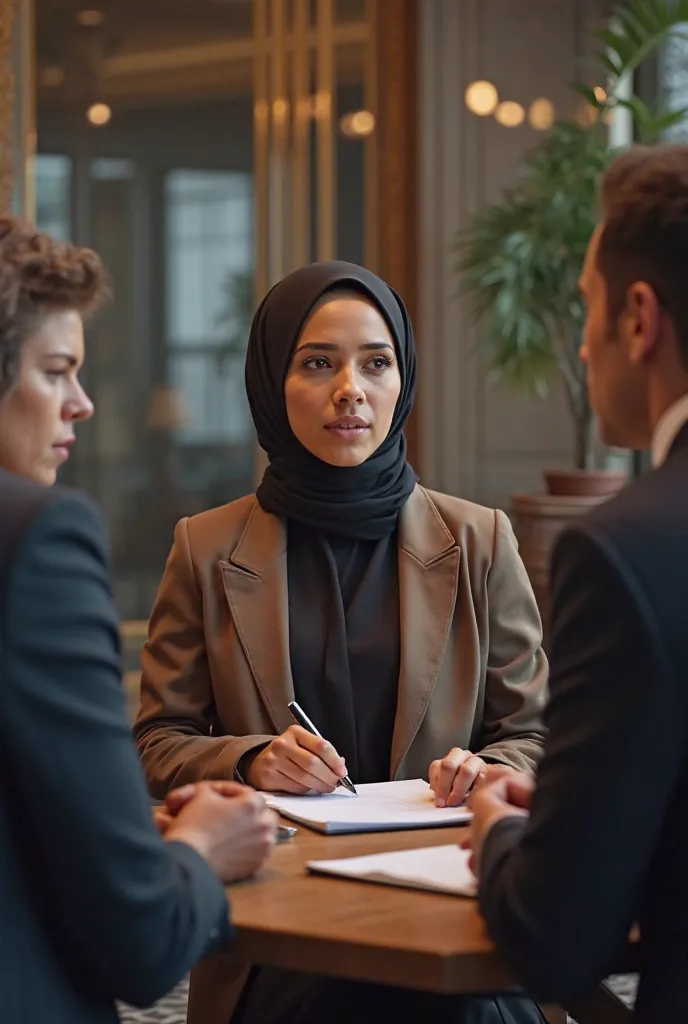 A picture where a group of people discuss and guess about the salary of a hijabi girl who works in a very good office, someone guesses 4000$ someone guesses , 5000$ 