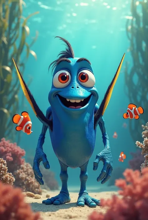 I need to create a man without hair, And with the traits of the character Dory from the movie Finding Nemo 