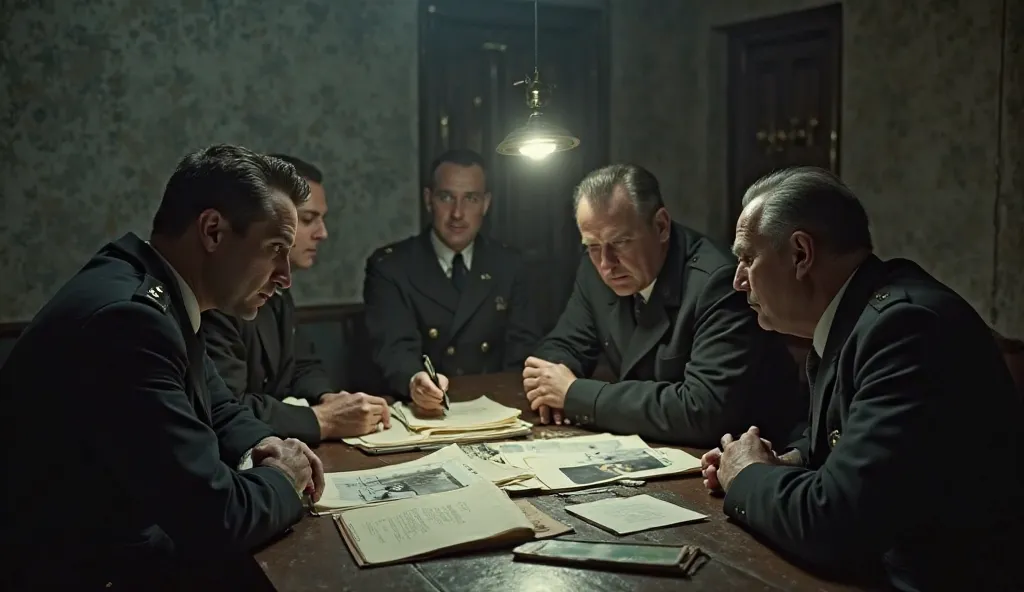 An interrogation scene where Soviet intelligence officers discuss conflicting reports about Hitler’s death.
