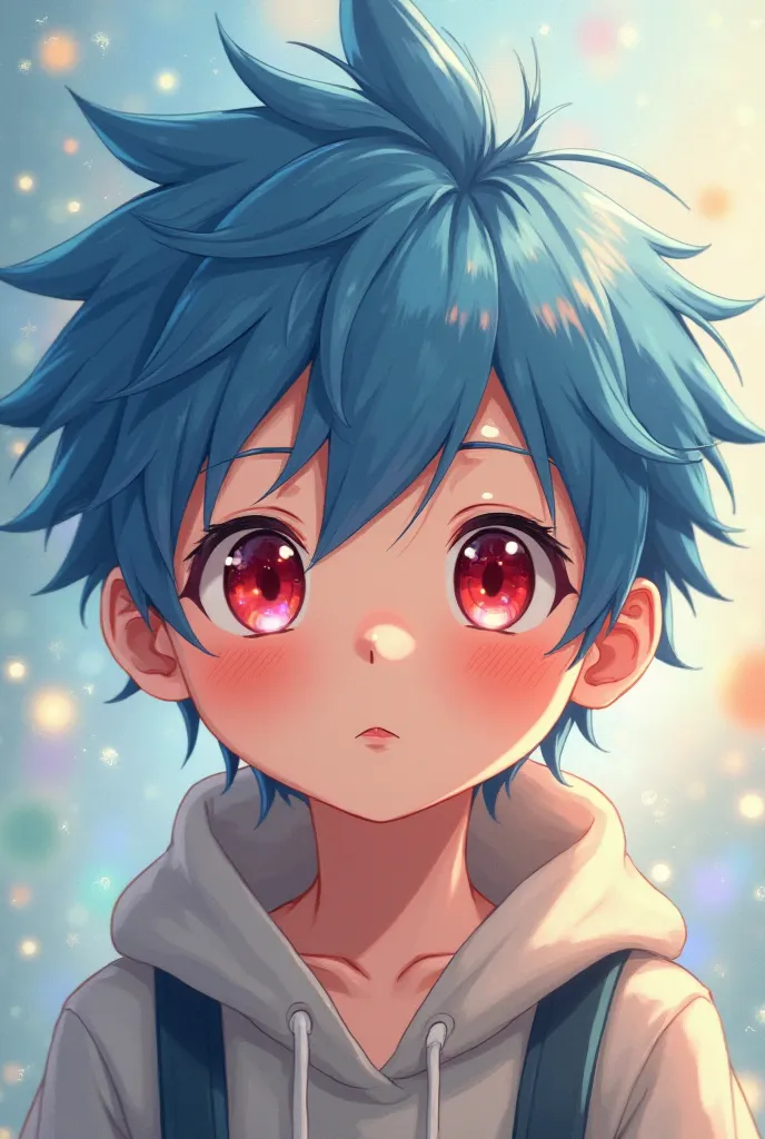 a six year old boy with blue hair and red veltvet eyes anime, 