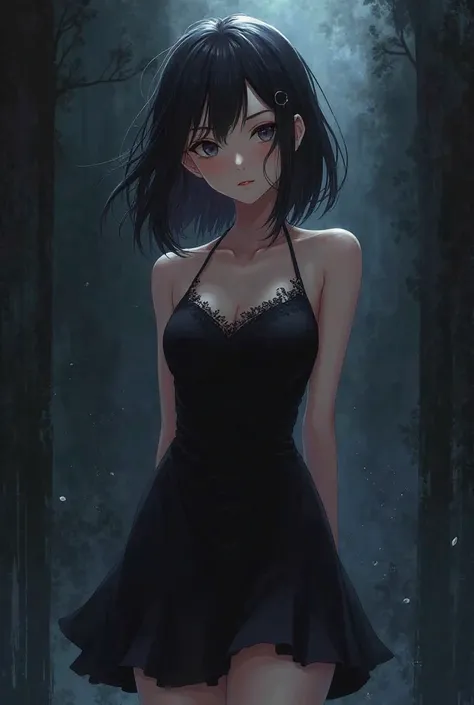 Full sleeve black short dress anime girl dark background 