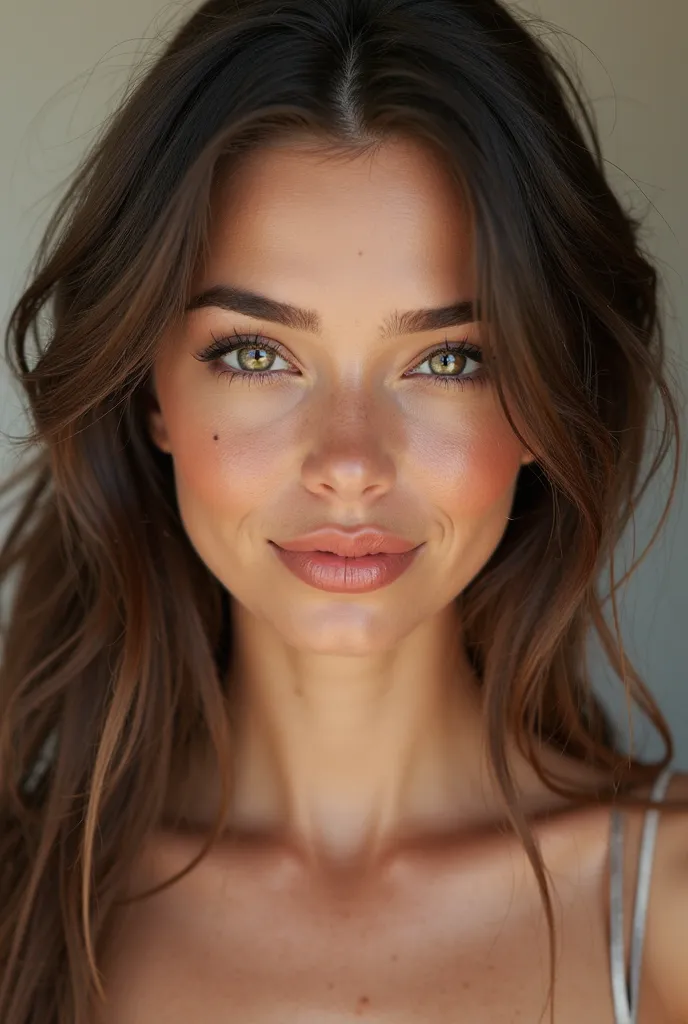 Create diamond-like face, honey-colored eyes , thick and dark lips, thin and flat eyebrows, Greek nose, dimples on the cheeks, mole on right cheek, king,  small teeth , wide forehead, high definition add droplet-like body bust 140 cm,  waist 80 , hips with...