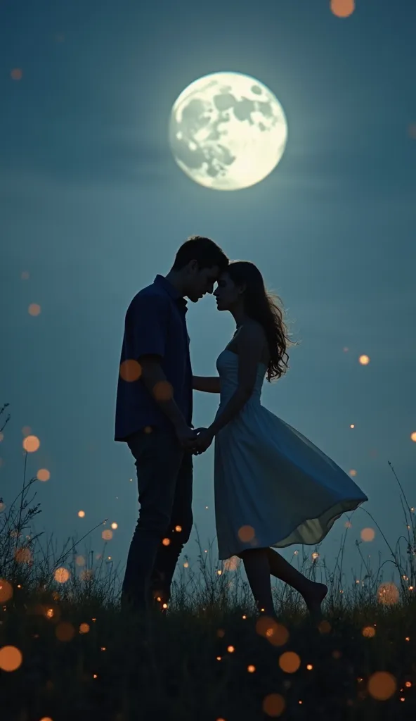 A couple dances barefoot on a grassy hill under the full moon. The soft light bathes them as they move gracefully, their foreheads touching, lost in their private world. Fireflies twinkle around them, adding a touch of magic.
