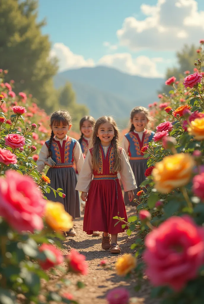 Schoolchildren dressed in Uzbek national clothes walk around laughing in a picturesque place full of roses of different colors