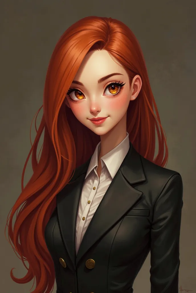 striking character with long, dark red hair flowing smoothly down their back, each strand catching the light with a subtle sheen. Their golden, almond-shaped eyes glimmer with warmth and curiosity, framed by long, delicate lashes. A faint blush dusts their...