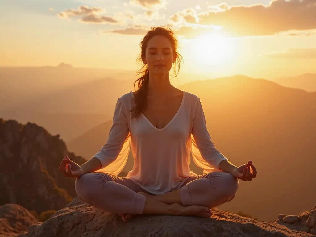 A woman in Tree position (Vrksasana) on top of a mountain at dawn.  The sun rises on the horizon , creating a golden halo around her body.  Your expression is serene, with her eyes closed and a faint smile. The wind gently moves her light and breathable cl...