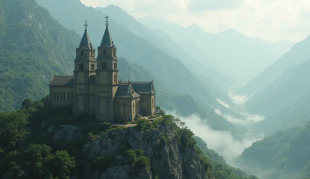 Aerial view of the Ethiopian mountains, with an isolated monastery perched on top, shrouded in mist.