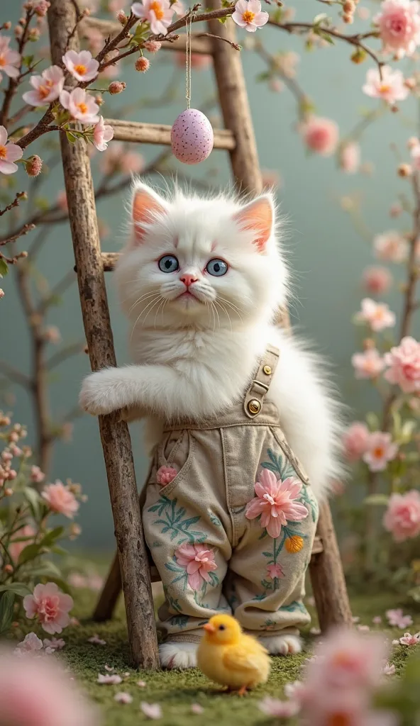 fluffy white kitten sits on a stepladder decorated with spring flowers, he hangs a beautiful Easter branch with decoration, he himself wears ugly work pants with large spring flowers, there is a Easter egg falling on the  top of his head , there is a chick...