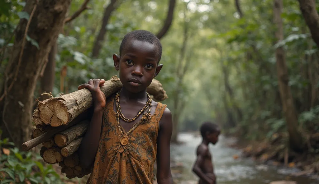 Enfant africaine maigre (Adia fillette) porte un lourd fagot de bois dans une forêt dense et ombragée. Lumière filtrée, arbres anciens, racines torsadées. À l’arrière-plan, d’autres enfants rient près d’une rivière. Contraste entre tristesse et joie, style...