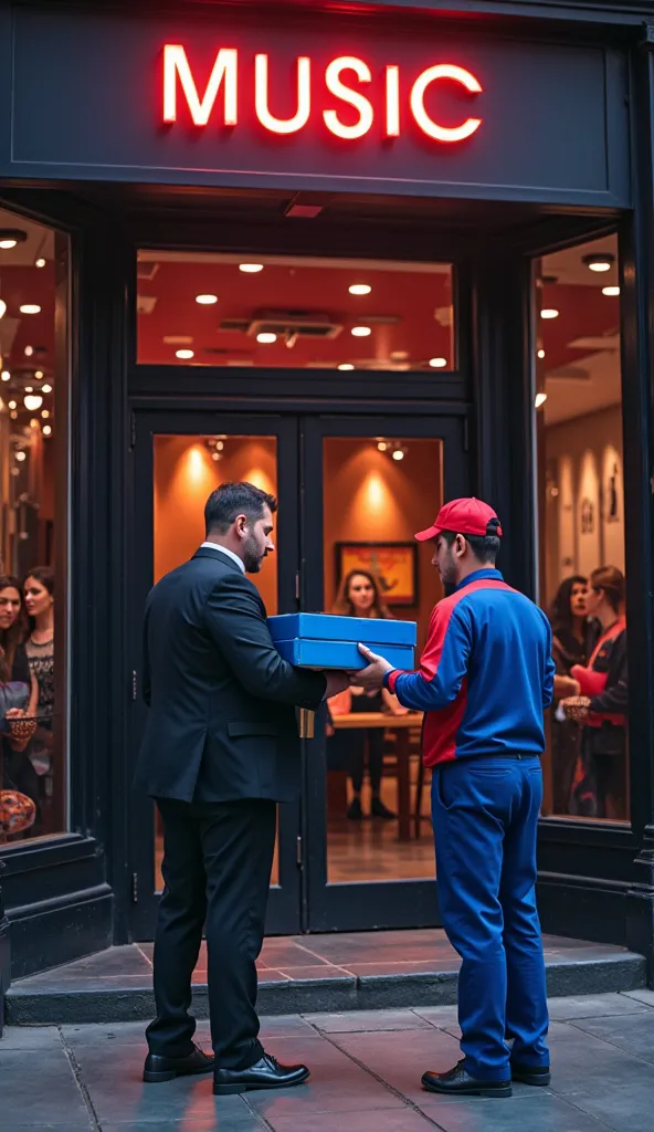 create a realistic image of a security guard wearing a black suit, black shirt and black tie, standing at the door of a large concert venue receiving a blue pizza box. note that from the glass door, you can see the reception with three women sitting at the...