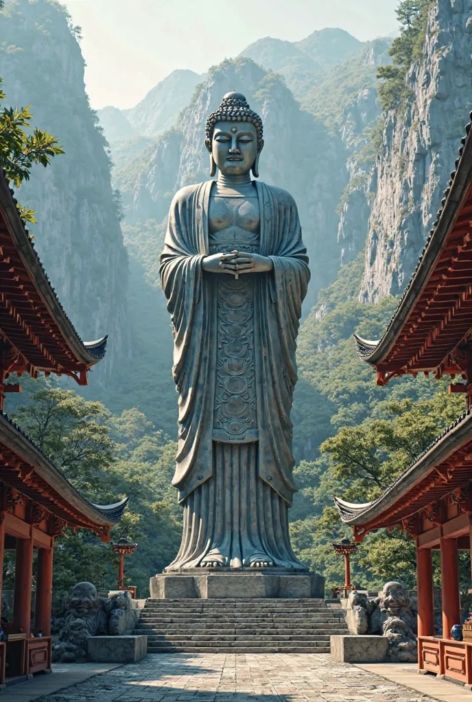 large statue of Buddha temple on a typical Japanese mountain