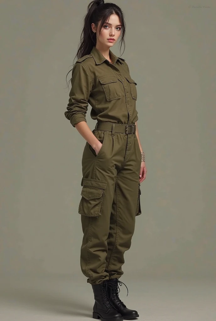 Beautiful slender girl of Slavic appearance, 25 years old, dark hair, ponytail, green eyes, khaki military pants with pockets, brown shirt tucked into pants, black boots, chip in the right temple, full length