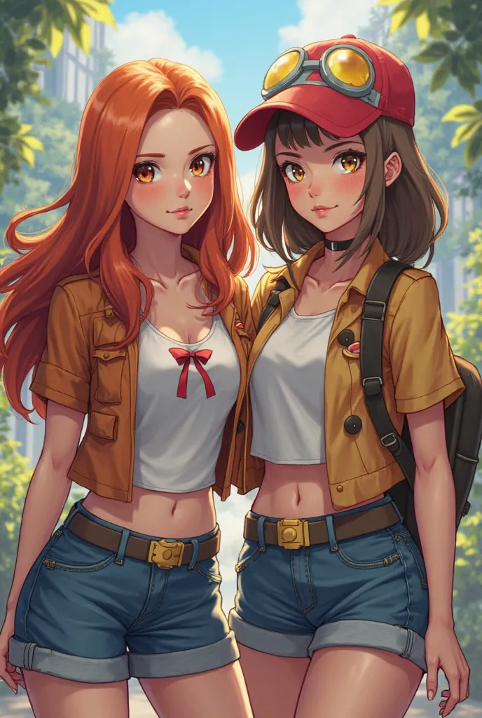 a pair dress as pokemon trainers girls, one has long copper hair, white skin and light brown eyes and the other has long light brown hair, brown eyes, slightly tanned skin and eyes