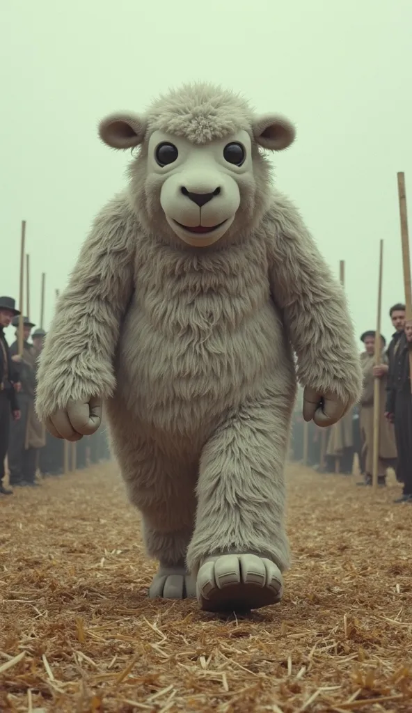 A large, furry creature, seemingly a costumed character, walks across a ground covered in straw.

The scene shows a large, furry creature, likely in a costume, walking through a straw-covered area.  The creature is centrally positioned in the image, and it...