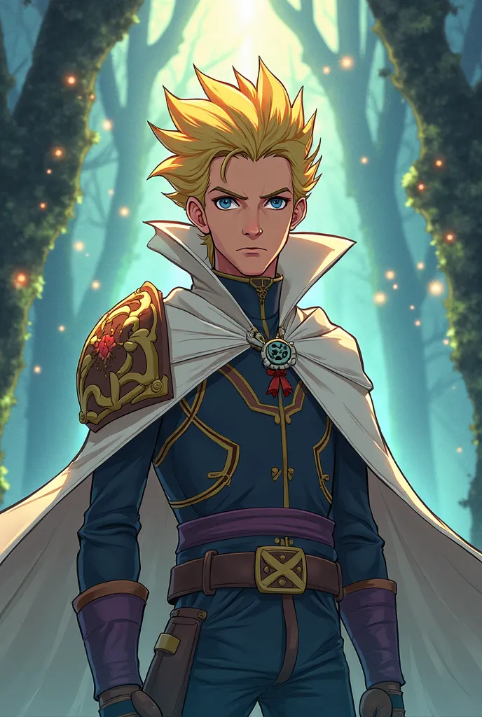 Generate an image of the series The Owl House of the Hunter character in 2D with blond hair, a white cape and a single work shoulder pad on the left shoulder.