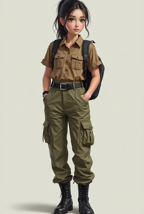 Beautiful slender girl of Slavic appearance, 25 years old, dark hair, ponytail, green eyes, khaki military pants with pockets, brown shirt tucked into her pants, black boots, black backpack, chip in the right temple, full length, hyperrealism