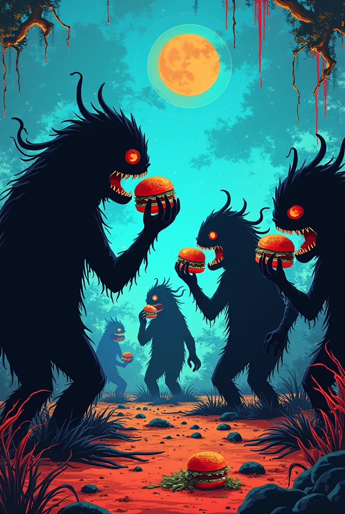 Black silhouettes: Mousters eating hamburgers anime type 2d orange and electric blue background 